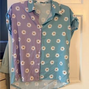 Floral Split Design Blouse - Purple and Blue